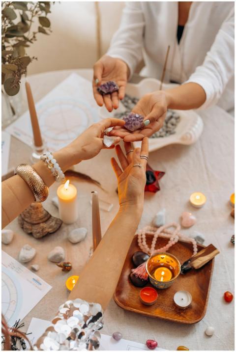 A serene indoor setting with hands exchanging heal