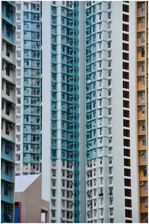 A view of colorful high-rise apartment buildings i