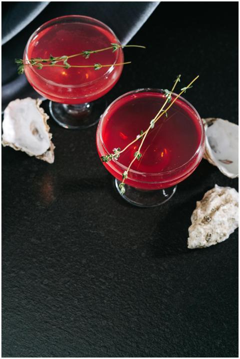 Top view of two cocktails with fresh herbs and oys