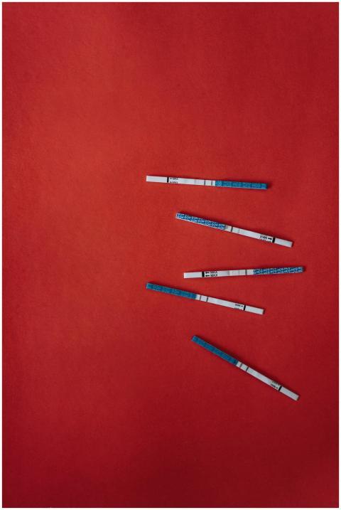 Pregnancy test strips arranged on a vivid red back