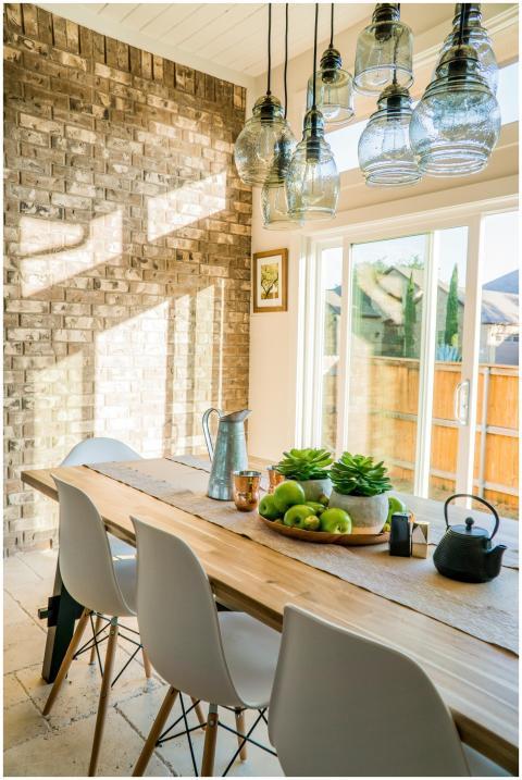 Sunlit dining room with contemporary decor and a r