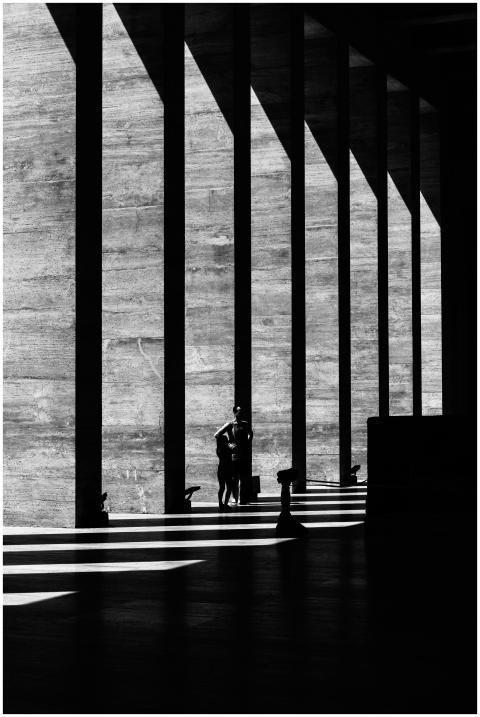 Black and white photo of dramatic shadows cast by