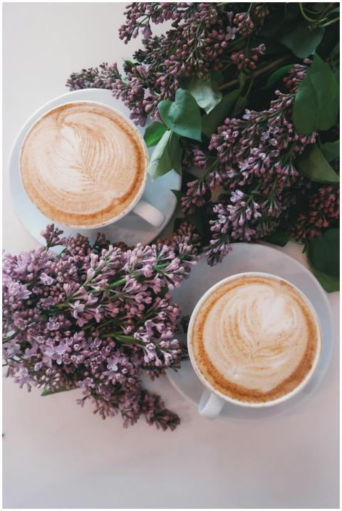 Artistic latte art surrounded by blooming lilac fl