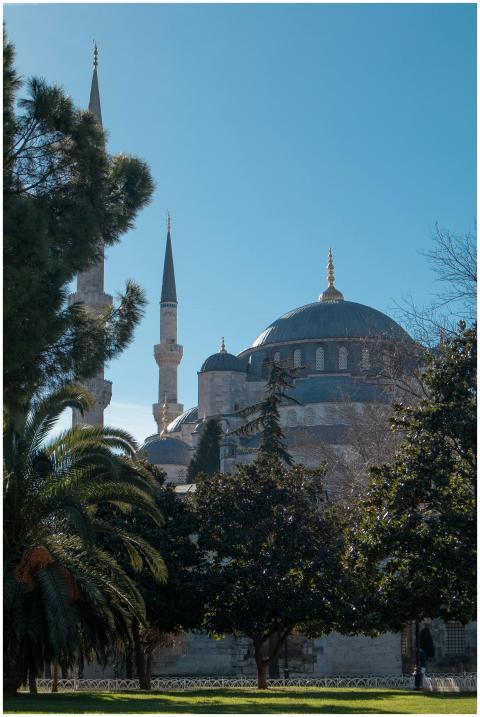 A stunning view of the Blue Mosque's domes and min