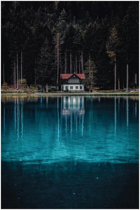 A picturesque house by a serene lake surrounded by