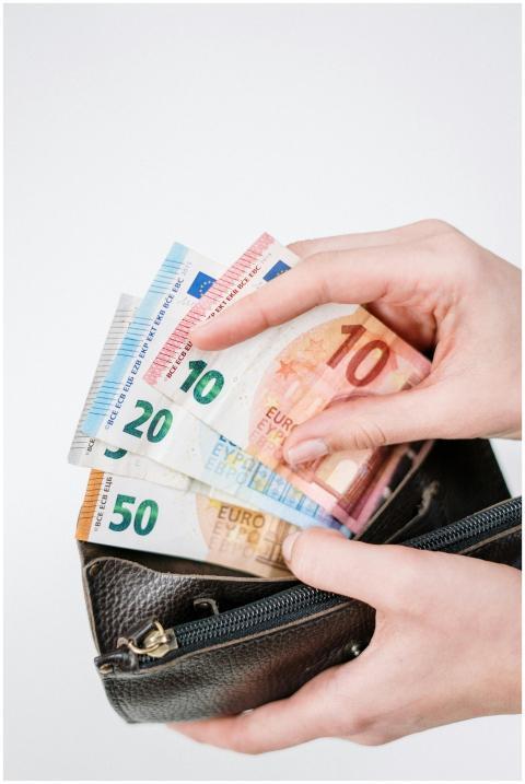 Close-up of a hand holding euro banknotes of diffe