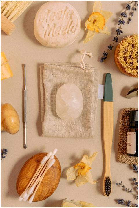 Aerial view of sustainable hygiene products with a