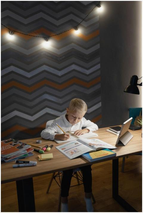 A young boy focused on his homework, using a table