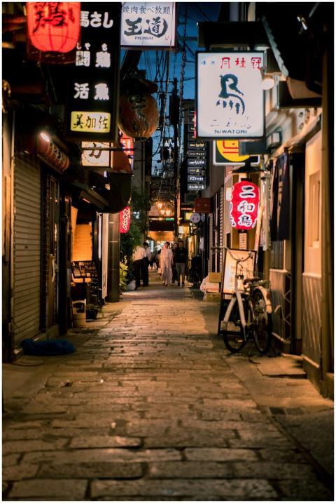 Explore a bustling Osaka alley at night, illuminat
