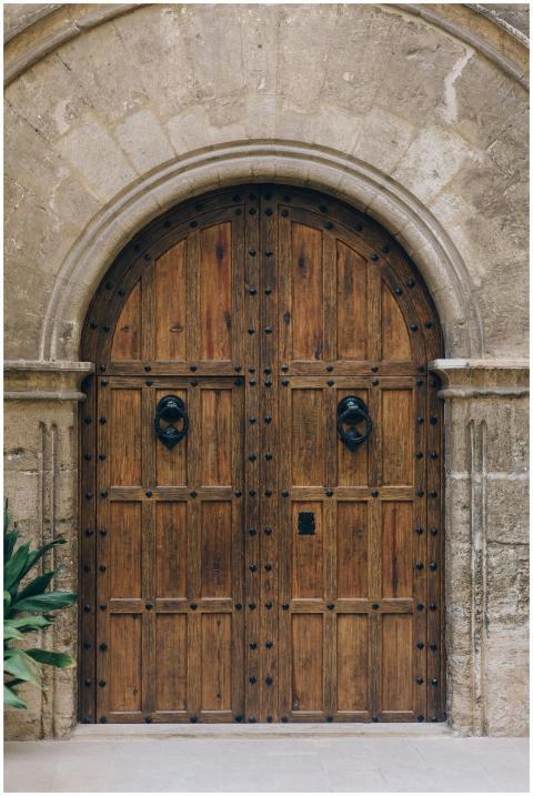 A classic arched wooden doorway with decorative ir