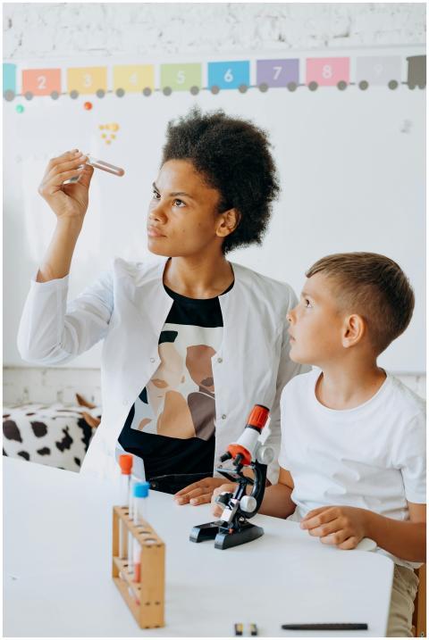 Teacher and student examine test tube in science c