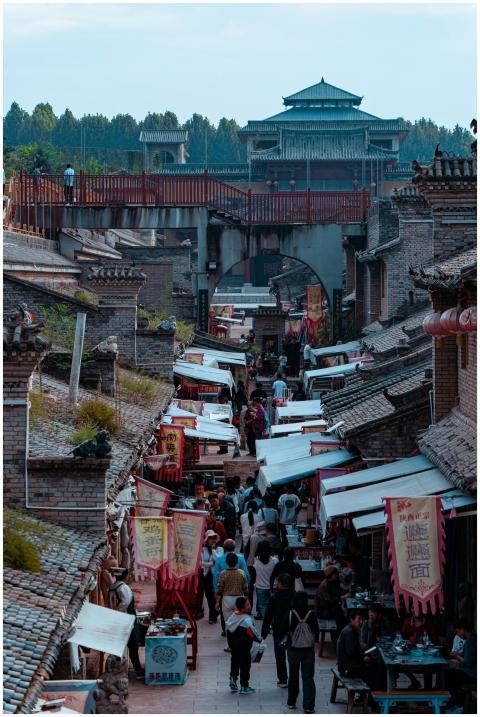 Bustling market street scene in ancient Chinese to