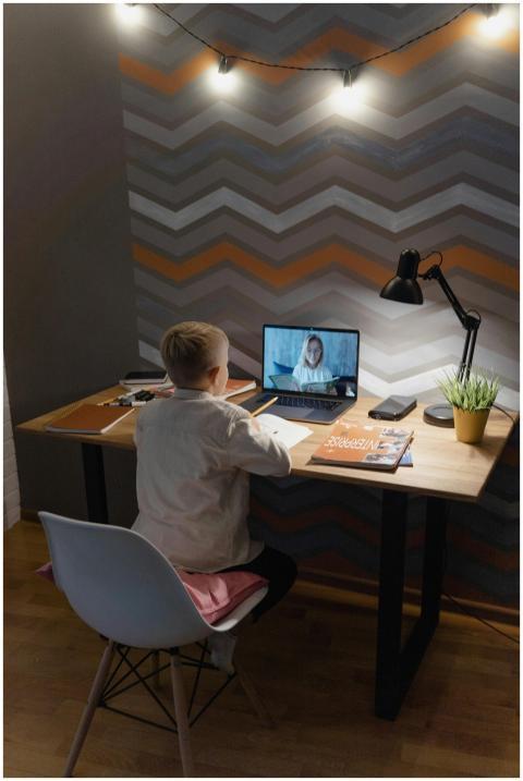A young boy engaged in a virtual class at a modern