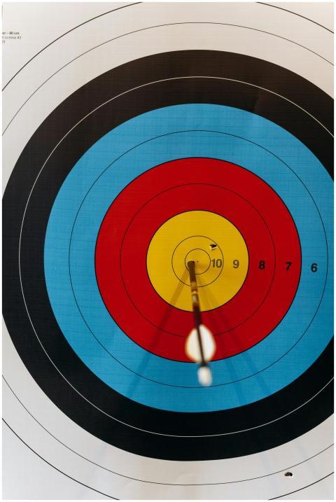 An arrow perfectly hits the bullseye of a multicol