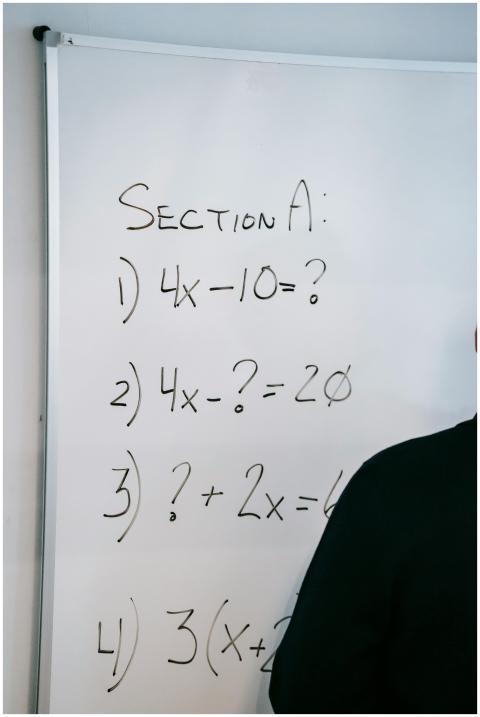 A whiteboard displaying math equations and partial