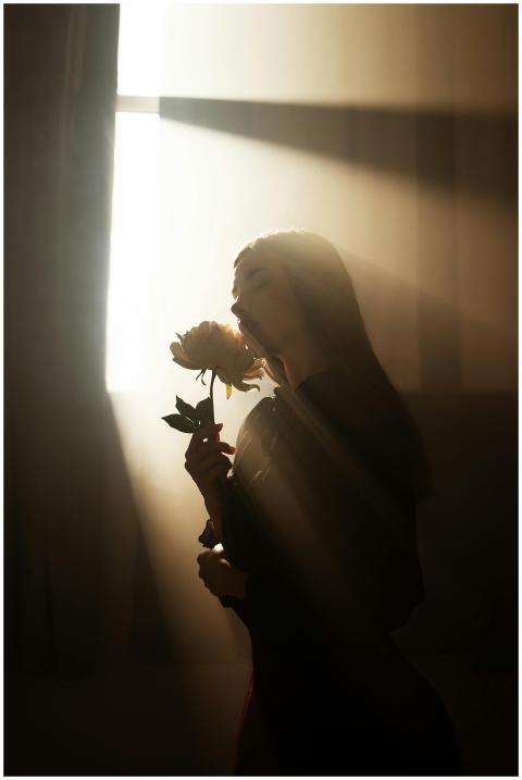 Artistic silhouette of a woman holding a flower in