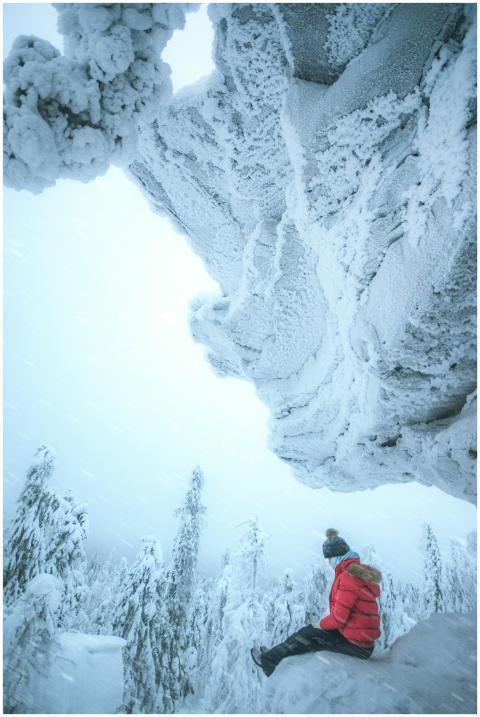 Person in red jacket sitting on snowy ledge amidst