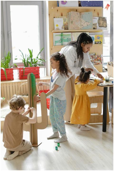 Children and teacher engaging in fun classroom act
