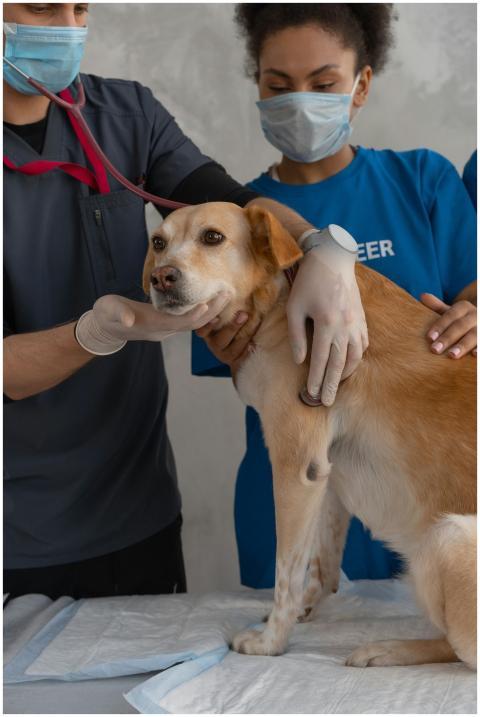 A veterinarian team examines a dog in clinic setti