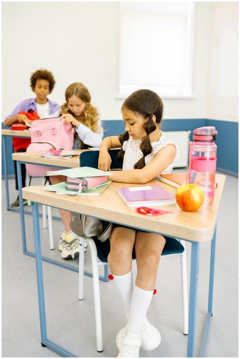 Children seated at desks in a bright, modern class