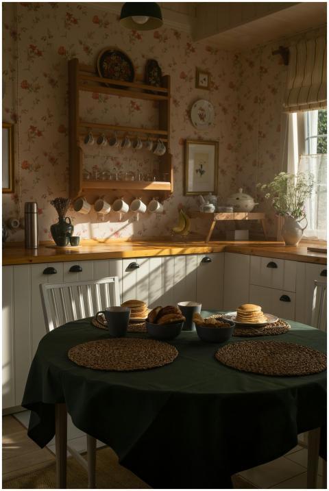 Warm, sunlit country kitchen scene with pancakes a