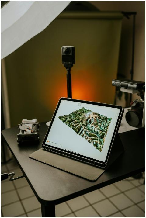 High-tech setup featuring a tablet displaying 3D m
