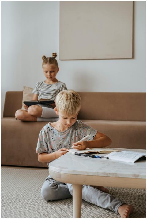 Two children studying in a cozy living room settin