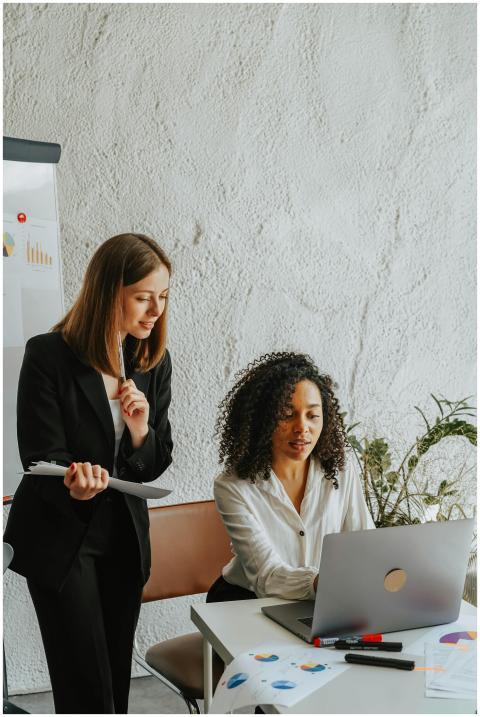 Two businesswomen sharing ideas on a project, work