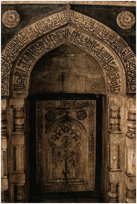 Detailed view of an ornate stone arch with Arabic