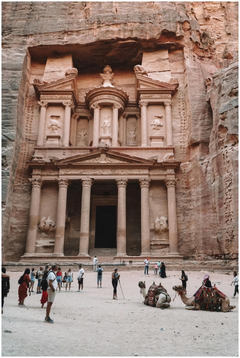 The iconic Treasury at Petra, Jordan with tourists