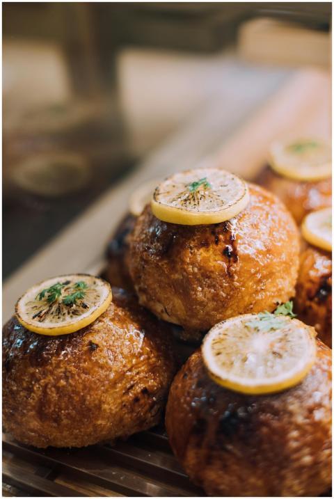 Close-up of delicious lemon-glazed roasted meatbal