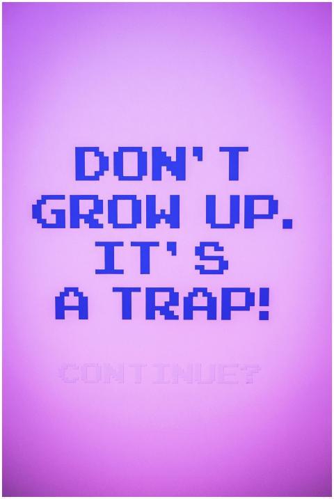 Retro pixel text humorously warns against growing