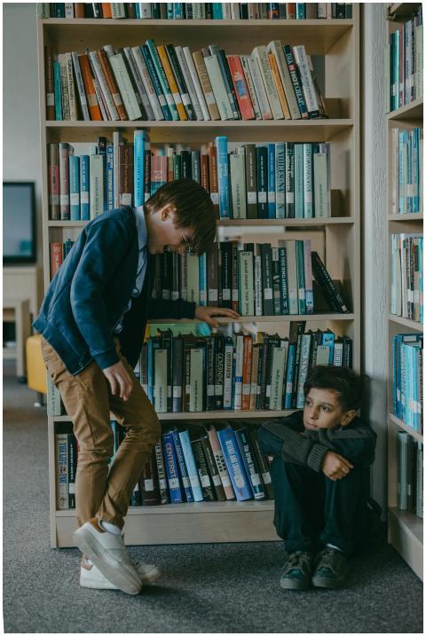 Two boys interact in a library, surrounded by book