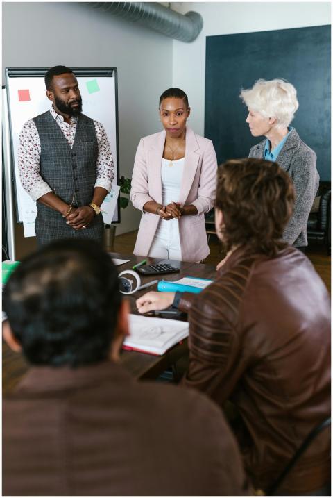 Engaged team discussing strategy in a modern offic