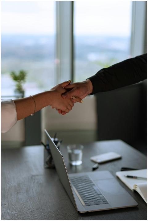 Business professionals shaking hands across a desk