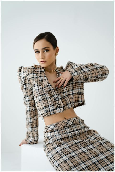 Fashion model in a check blazer and skirt studio s
