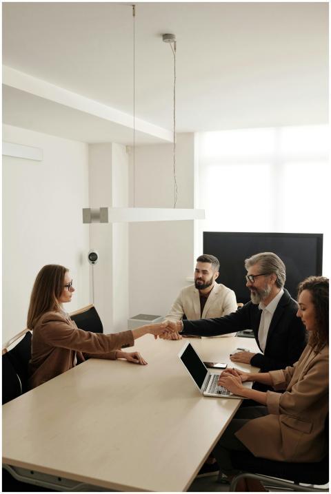 Business professionals engaging in a handshake acr