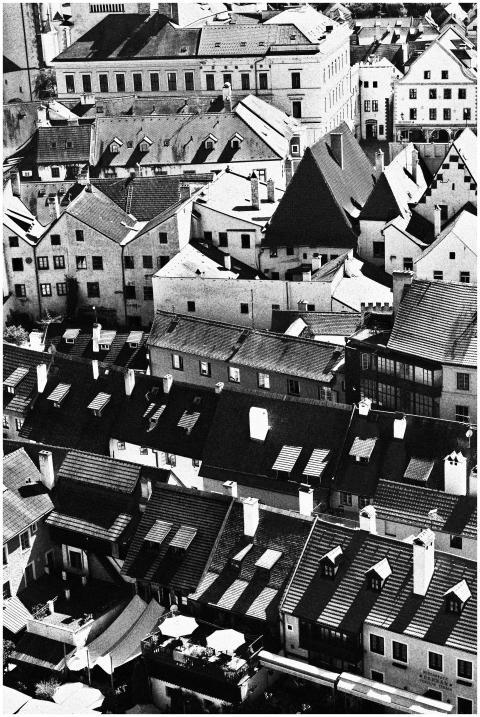 Black and white aerial view of Český Krumlov's his