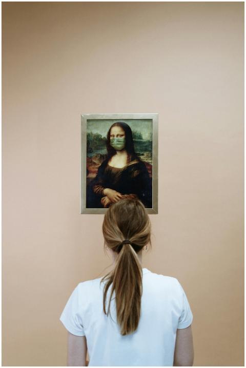 A woman views the Mona Lisa painting featuring a f