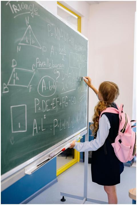 Young girl student writing math equations on class