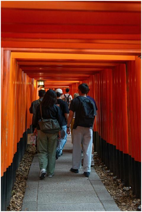 Tourists explore the iconic torii gates at Fushimi