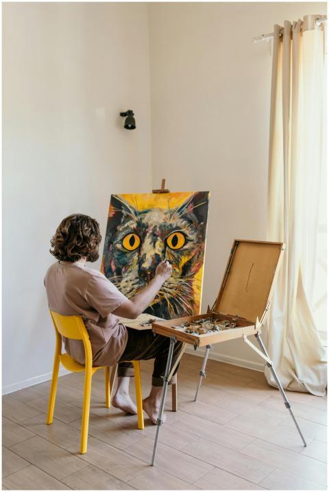 An artist paints a colorful cat portrait on canvas