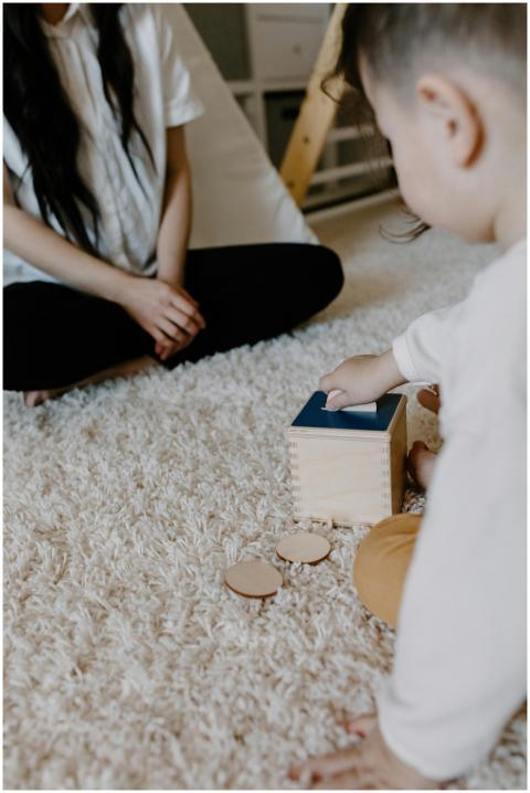 A toddler plays with a wooden shape sorting toy, g