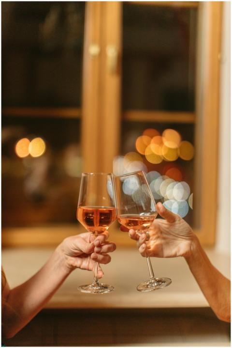 Two people clinking wine glasses in a cozy indoor