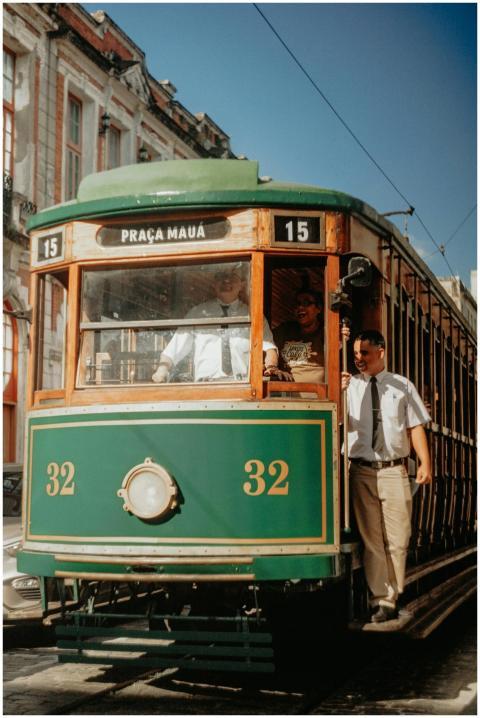Vintage tram in Praça Mauá with conductor and pass