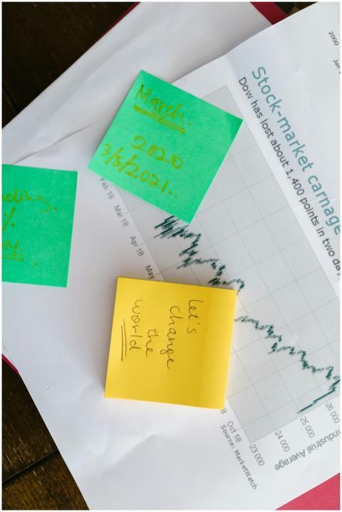 Top-view of colorful sticky notes on a stock marke