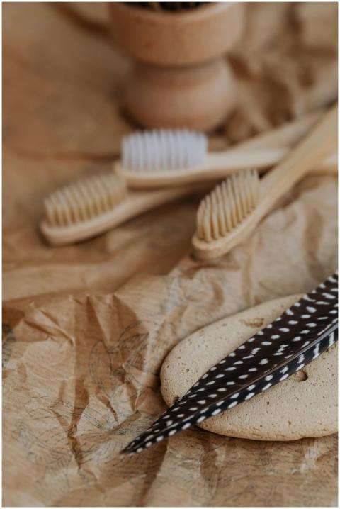 Wooden toothbrushes with a feather on eco-friendly