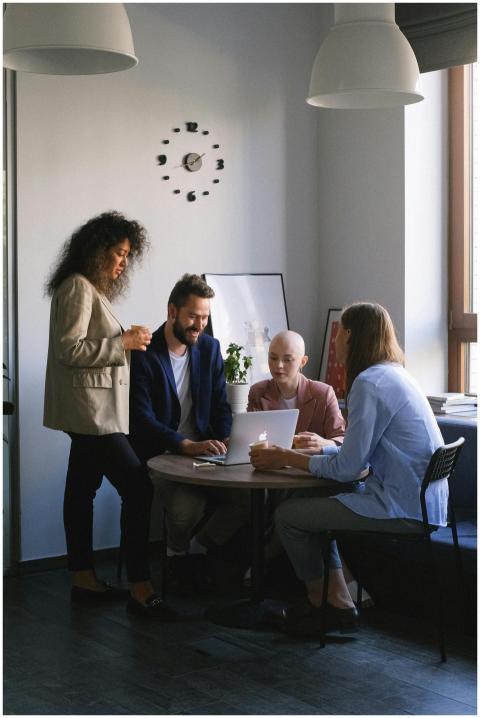 Group of colleagues sitting at table with laptop a