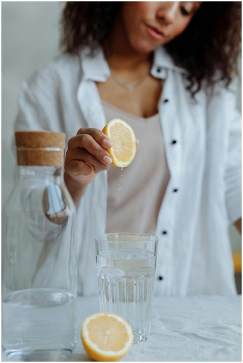 Close-up of a woman squeezing lemon into a glass f