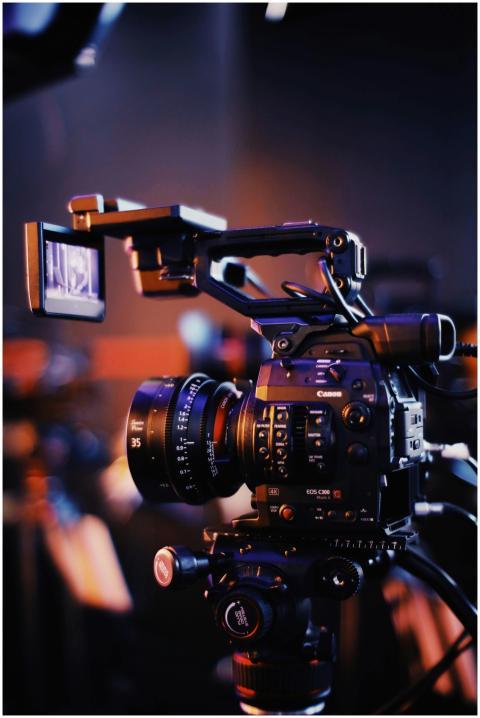 Close-up of a professional video camera setup indo